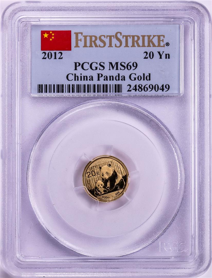 2012 China 20 Yuan 1/20oz Gold Panda Coin PCGS MS69 First Strike: One 2012 China 20 Yuan 1/20oz Gold Panda Coin PCGS MS69 First Strike. PCGS Graded.