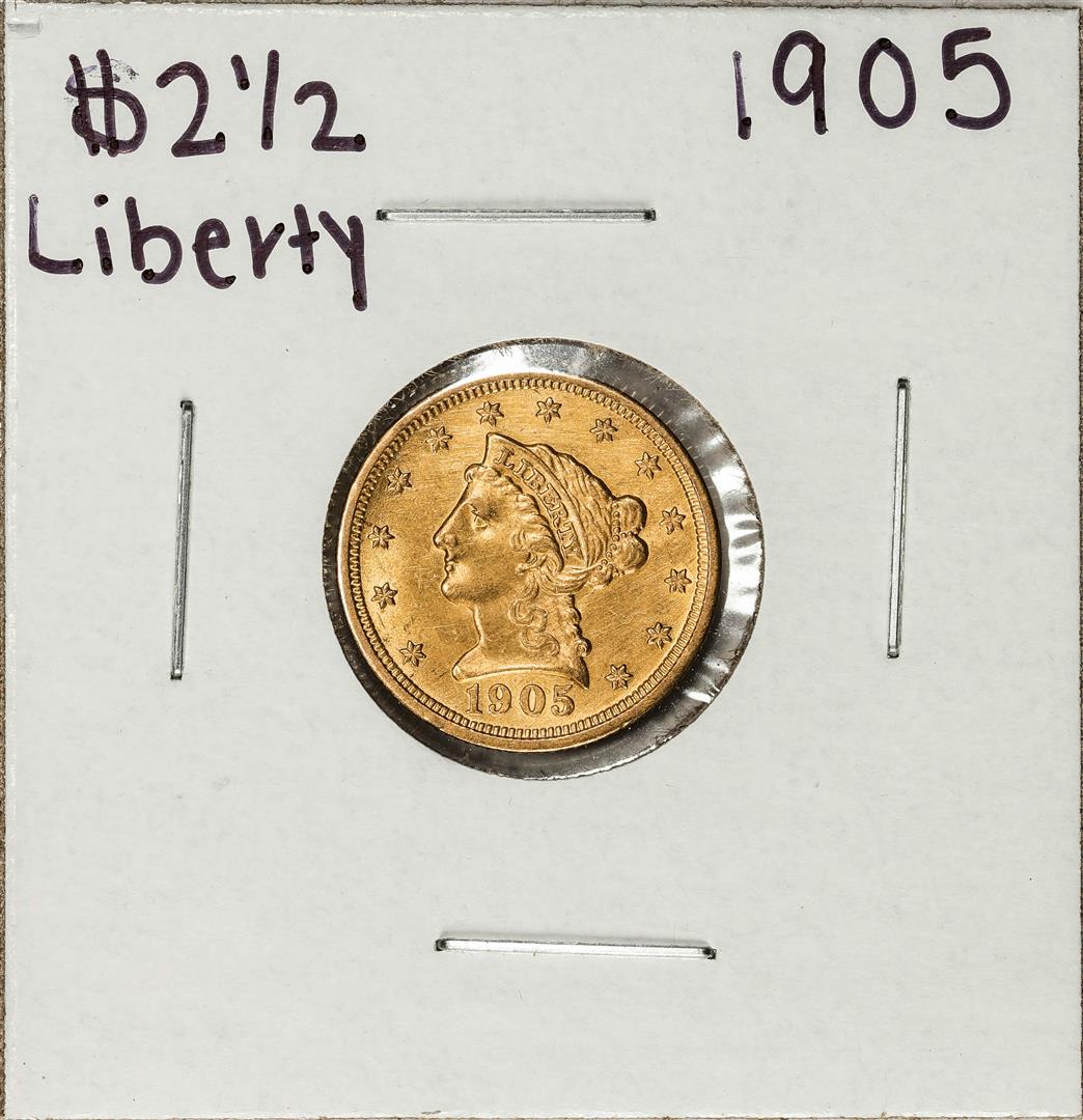 1905 $2 1/2 Liberty Head Quarter Eagle Gold Coin: One 1905 $2 1/2 Liberty Head Quarter Eagle Gold Coin.