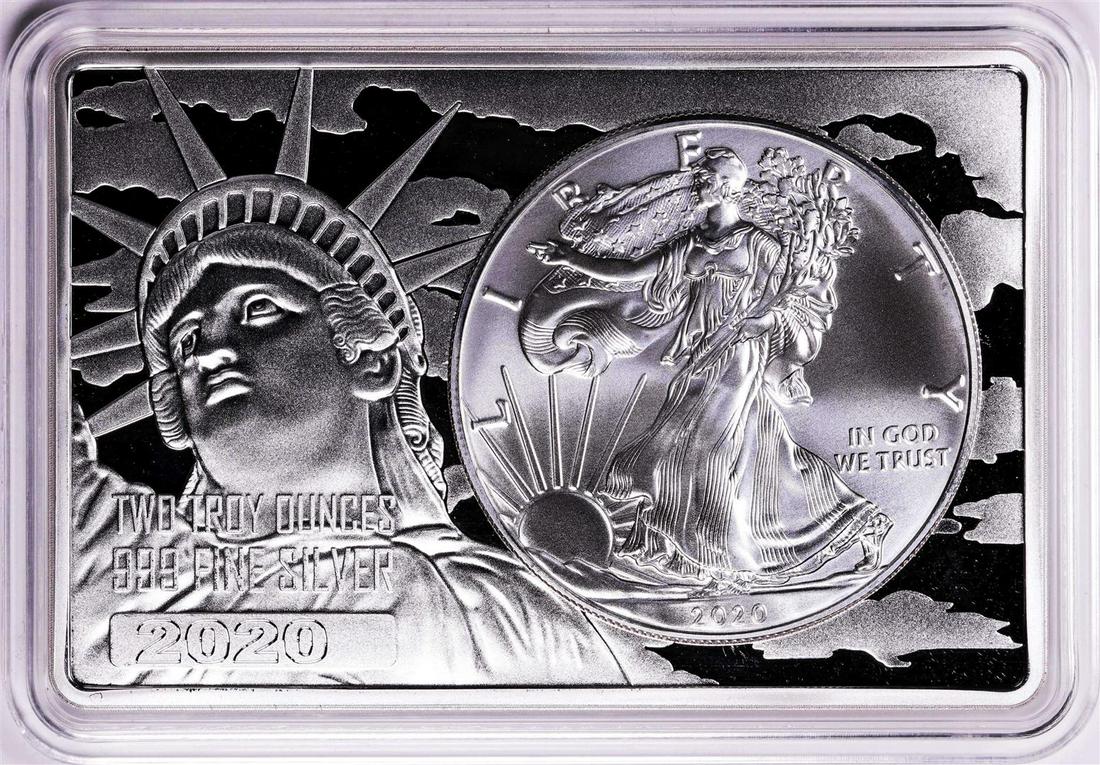 2020 $1 American Silver Eagle Coin & 2oz Silver Bar Set: One 2020 $1 American Silver Eagle Coin & 2oz Silver Bar Set.