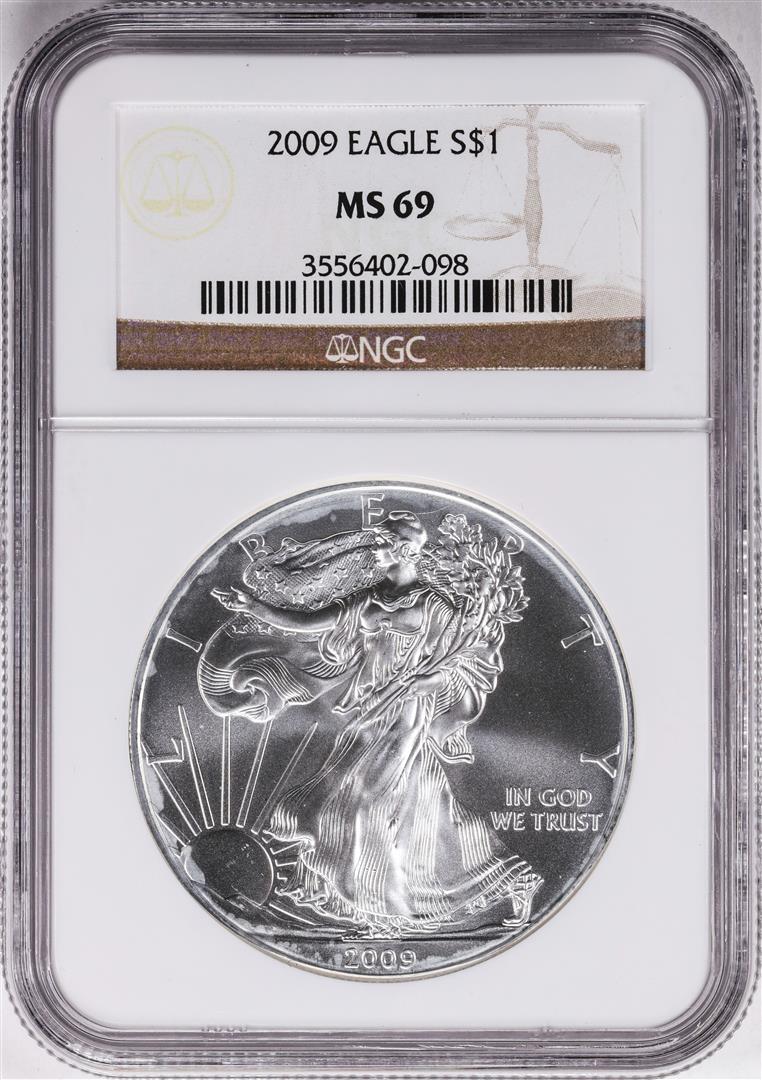 2009 $1 American Silver Eagle Coin NGC MS69: One 2009 $1 American Silver Eagle Coin NGC MS69. NGC Certified.