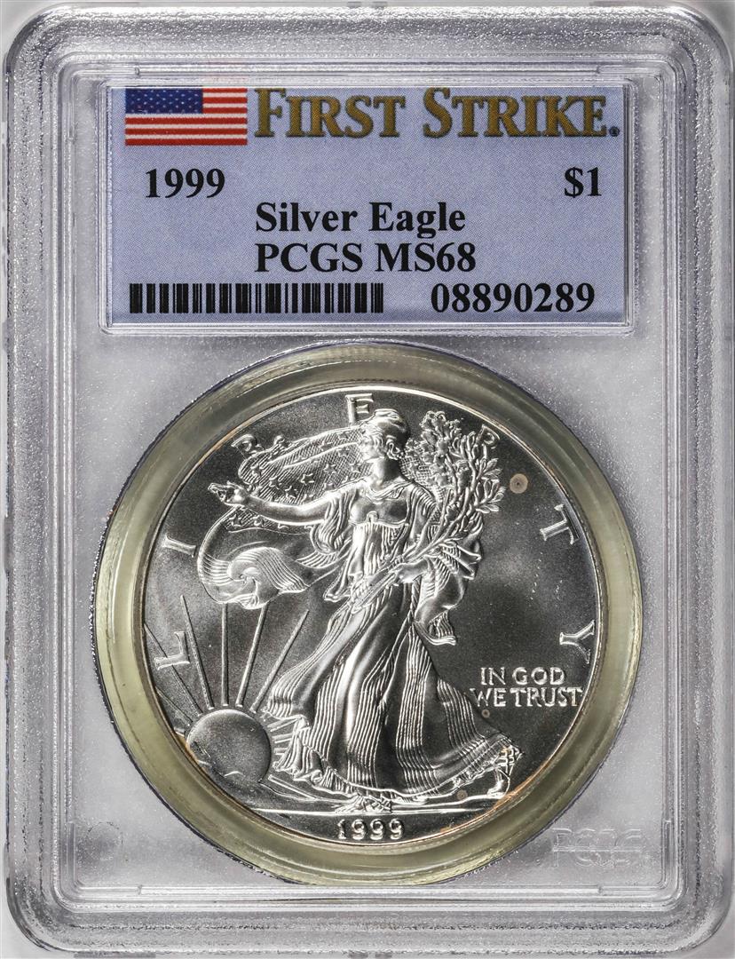 1999 $1 American Silver Eagle Coin PCGS MS68 First Strike: One 1999 $1 American Silver Eagle Coin PCGS MS68 First Strike. PCGS Graded.