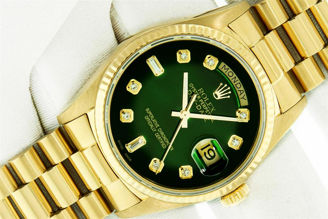 Rolex Men's 18K Yellow Gold VVS Diamond Day Date President Watch With Rolex Box: One Men's Pre Owned Quickset Rolex Day Date 18K Yellow Gold Presidential Polished, Serviced & Electronically Tested, Rolex 18K Yellow Gold Case: 36mm, Rolex 18K Yellow Gold Crown, Rolex Bezel: 18K Yel