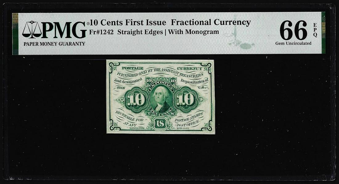1862 First Issue Ten Cent Fractional Currency Note Fr.1242 PMG Gem Uncirculated 66EPQ: One 1862 First Issue Ten Cent Fractional Currency Note Fr.1242 PMG Gem Uncirculated 66EPQ. PMG Certified.