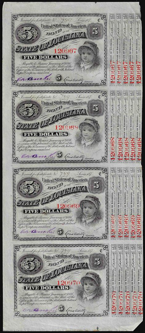 Uncut Sheet of (4) State of Louisiana Baby Bond Obsolete Notes: One Uncut Sheet of (4) State of Louisiana Baby Bond Obsolete Notes. PMG Certified.