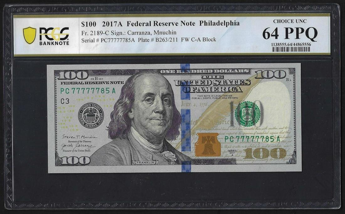 2017A $100 Federal Reserve Bank Note PCGS Choice Uncirculated 64PPQ Fancy Serial: One 2017A $100 Federal Reserve Bank Note PCGS Choice Uncirculated 64PPQ Fancy Serial. PCGS Graded.