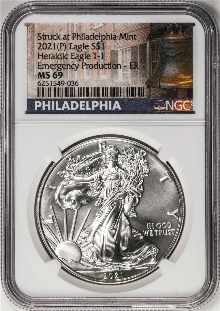 2021-(P) Type 1 $1 American Silver Eagle Coin NGC MS69 Early Release Emergency Issue: One 2021-(P) Type 1 $1 American Silver Eagle Coin NGC MS69 Early Release Emergency Issue. NGC Certified.