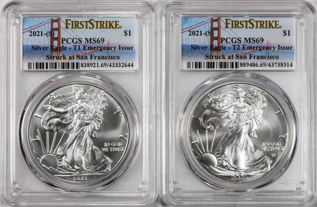 2021-(S) Type 1 & Type 2 $1 American Silver Eagle Coins PCGS MS69 First Strike: One 2021-(S) Type 1 & Type 2 $1 American Silver Eagle Coins PCGS MS69 First Strike. PCGS Graded.