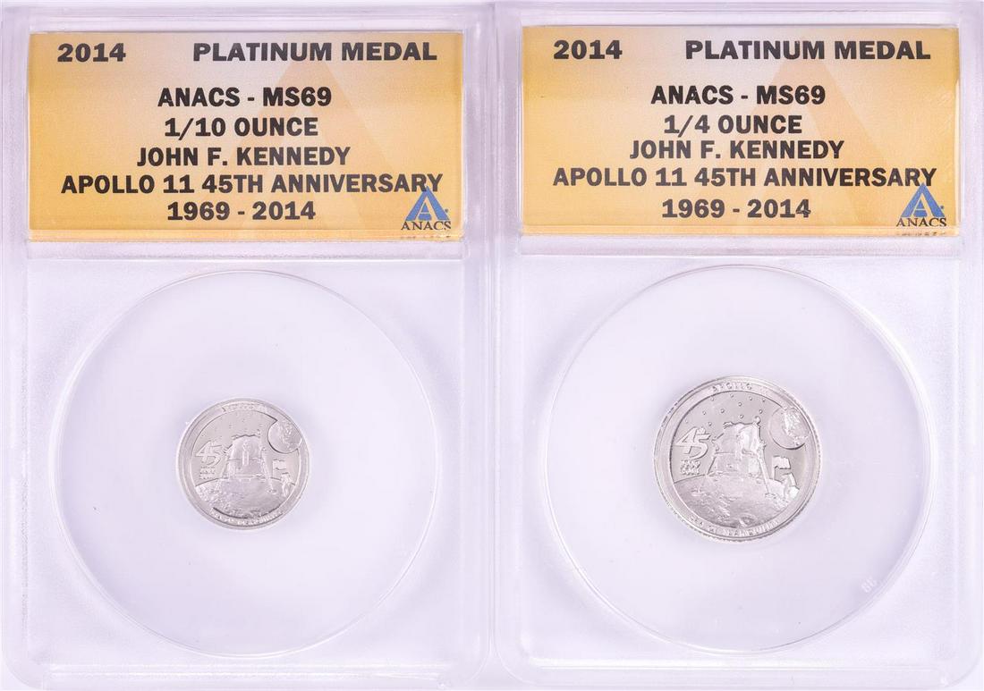 Set of 2014 Proof 1/10 & 1/4 oz Platinum JFK Apollo 11 Anniversary Medals ANACS MS69: One Set of 2014 Proof 1/10 & 1/4 oz Platinum JFK Apollo 11 Anniversary Medals ANACS MS69. ANACS Certified.