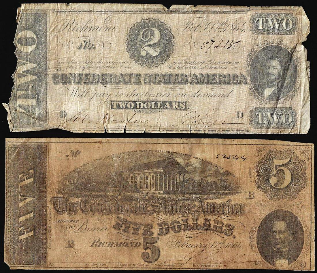 Lot of 1864 $2 & $5 Confederate States of America Notes: One Lot of 1864 $2 & $5 Confederate States of America Notes.