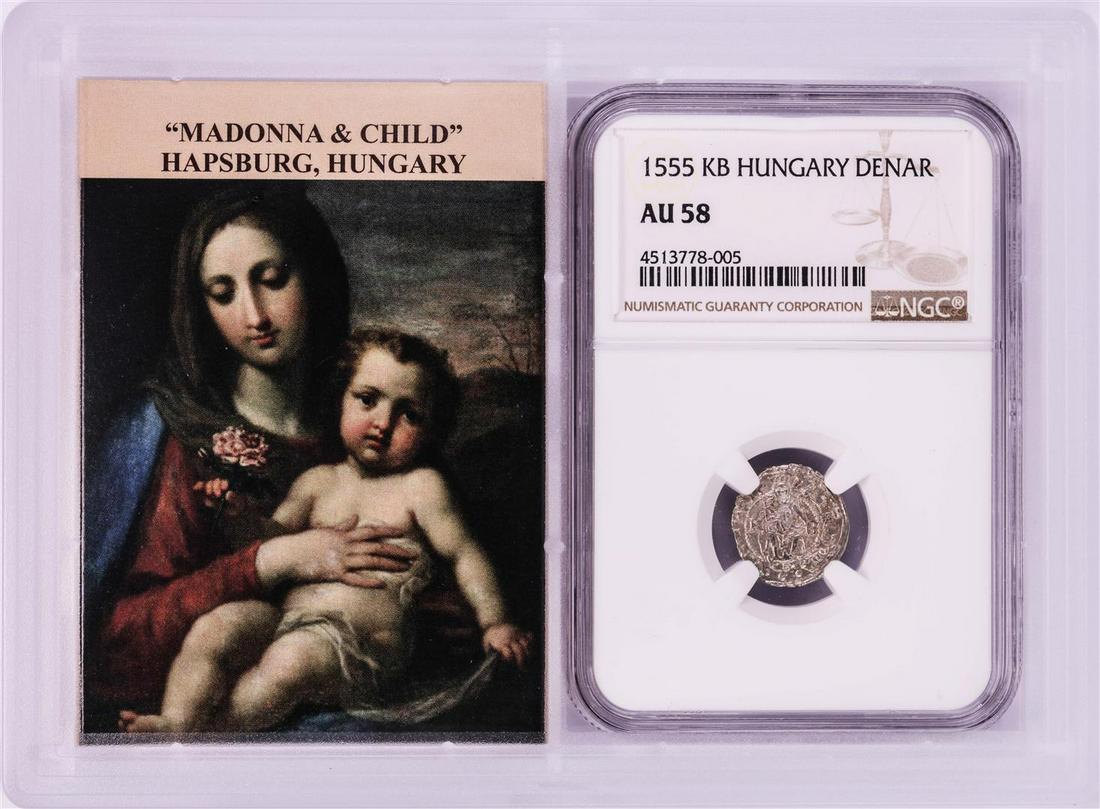 1555 KB Hungary Denar 'Madonna and Child' Coin NGC AU58 w/ Story Box: One 1555 KB Hungary Denar 'Madonna and Child' Coin NGC AU58 w/ Story Box. NGC Certified.