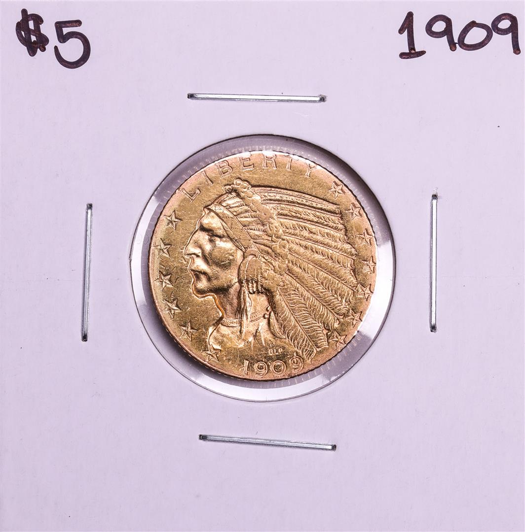 1909 $5 Indian Head Half Eagle Gold Coin: One 1909 $5 Indian Head Half Eagle Gold Coin.