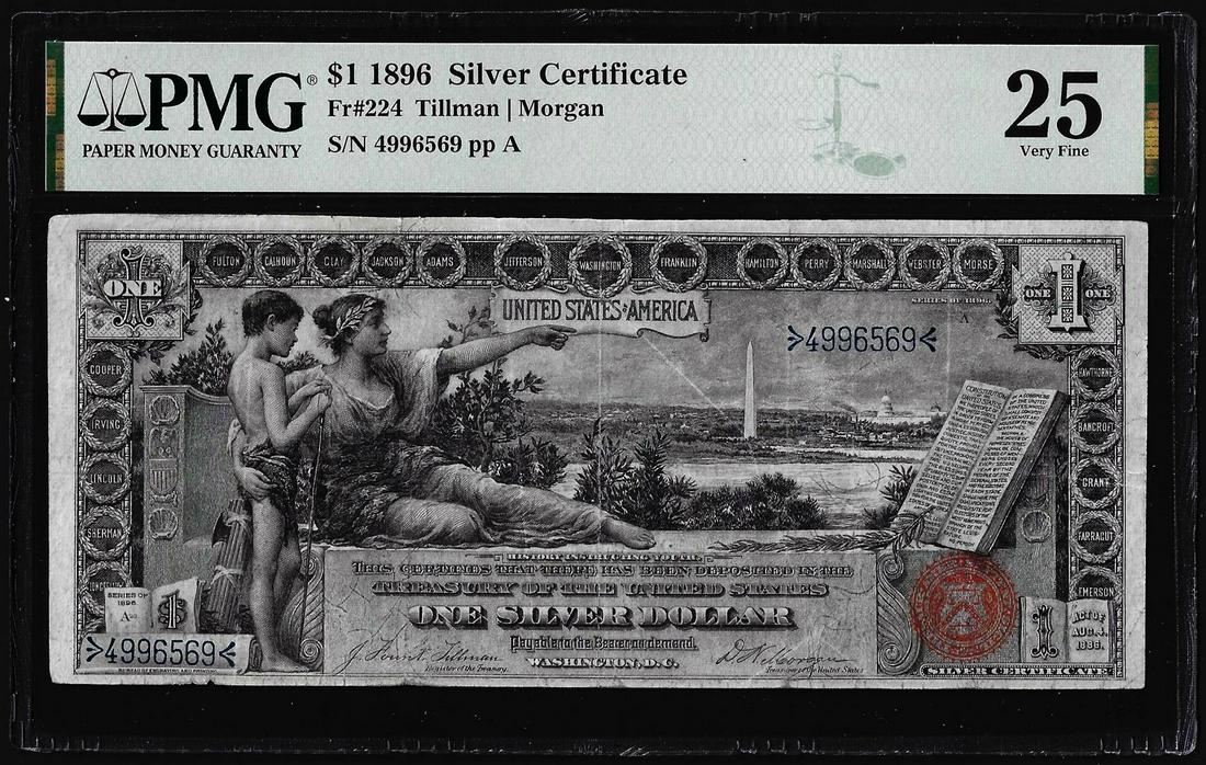 1896 $1 Educational Silver Certificate Note Fr.224 PMG Very Fine 25: One 1896 $1 Educational Silver Certificate Note Fr.224 PMG Very Fine 25. PMG Certified.
