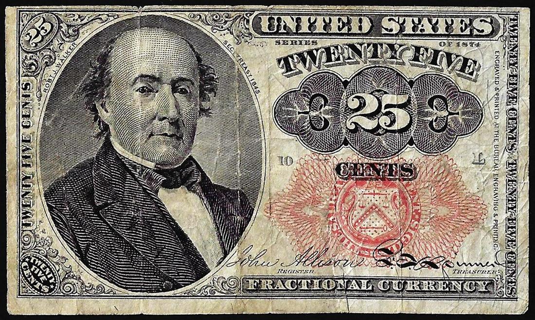 1874 25 Cents Fifth Issue Fractional Currency Note: One 1874 25 Cents Fifth Issue Fractional Currency Note.