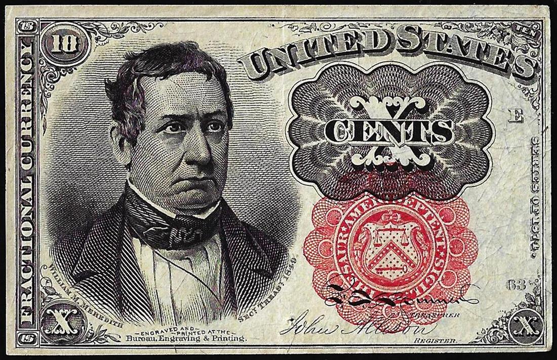 1874 10 Cents Fifth Issue Fractional Currency Note: One 1874 10 Cents Fifth Issue Fractional Currency Note.