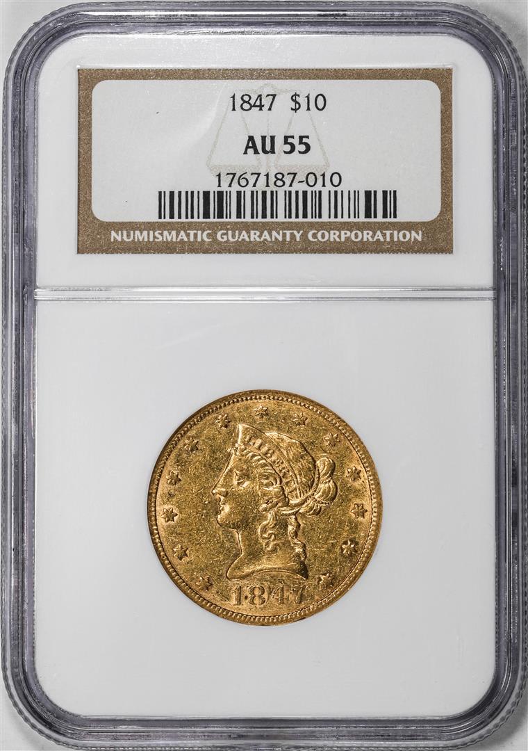 1847 $10 Liberty Head Eagle Gold Coin NGC AU55: One 1847 $10 Liberty Head Eagle Gold Coin NGC AU55. NGC Certified.