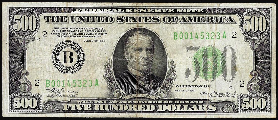 1934 $500 Federal Reserve Note New York: One 1934 $500 Federal Reserve Note New York.