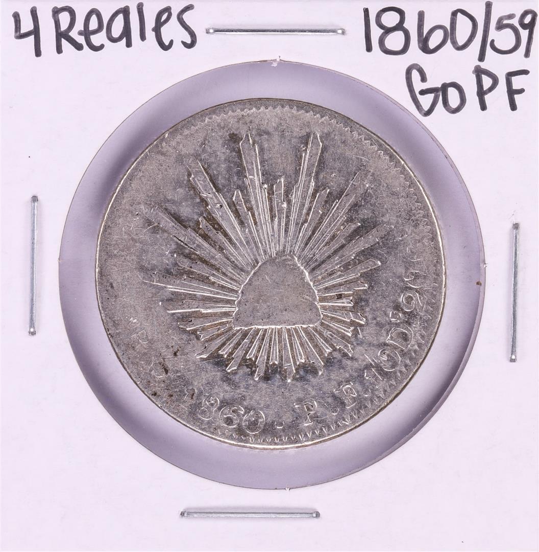 1860/59 GoPF Mexico 4 Reales Silver Coin: One 1860/59 GoPF Mexico 4 Reales Silver Coin.