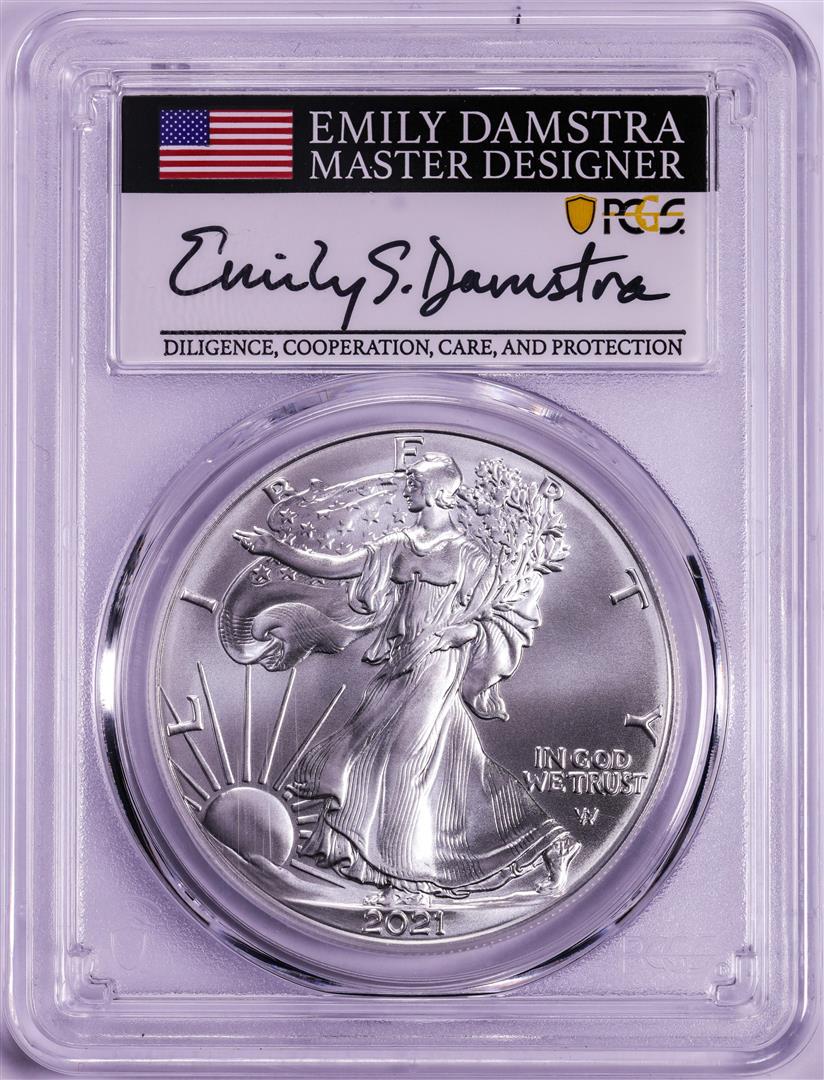 2021 Type 2 $1 American Silver Eagle Coin PCGS MS70 First Strike Damstra Signature: One 2021 Type 2 $1 American Silver Eagle Coin PCGS MS70 First Strike Damstra Signature. PCGS Graded.
