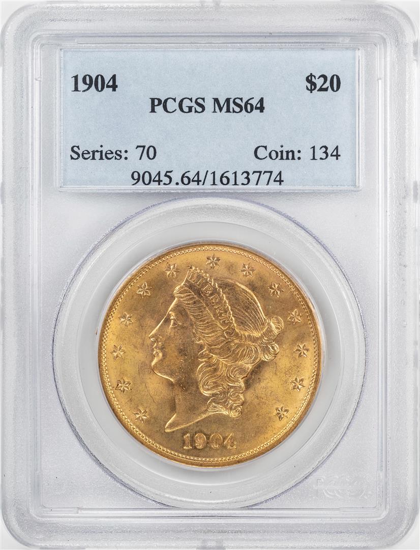 1904 $20 Liberty Head Double Eagle Gold Coin PCGS MS64: One 1904 $20 Liberty Head Double Eagle Gold Coin PCGS MS64. PCGS Graded.