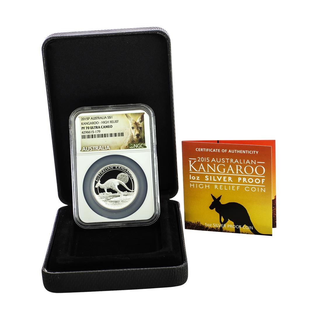 2015P Australia $1 Proof Kangaroo High Relief 1oz Silver Coin NGC PF70 Ultra Cameo: One 2015P Australia $1 Proof Kangaroo High Relief 1oz Silver Coin NGC PF70 Ultra Cameo. NGC Certified.
