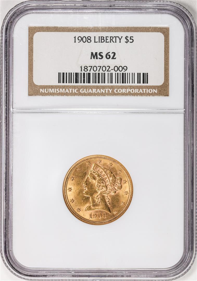 1908 $5 Liberty Head Half Eagle Gold Coin NGC MS62: One 1908 $5 Liberty Head Half Eagle Gold Coin NGC MS62. NGC Certified.