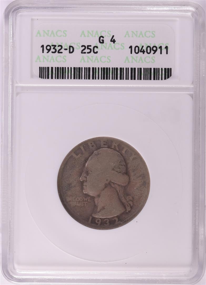 1932-D Washington Quarter Coin ANACS G4 Old Soap Box Holder: One 1932-D Washington Quarter Coin ANACS G4 Old Soap Box Holder. ANACS Certified.