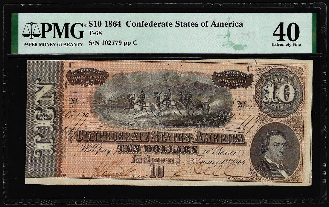 1864 $100 Confederate States of America Note T-68 PMG Extremely Fine 40: One 1864 $100 Confederate States of America Note T-68 PMG Extremely Fine 40. PMG Certified.