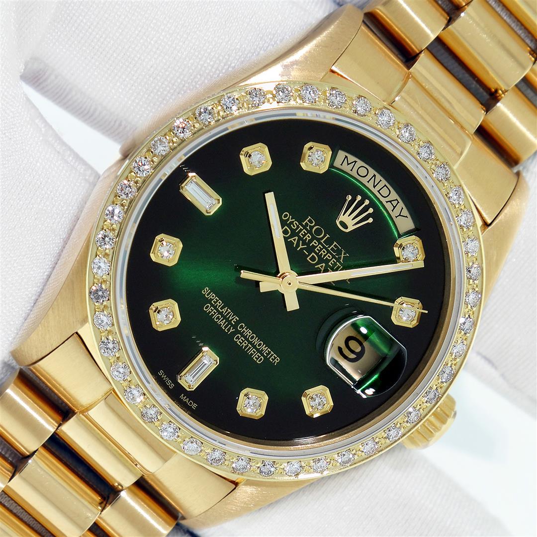 Rolex Men's 18K Yellow Gold Diamond Day Date Presidential Wristwatch: One Men's Rolex Day Date 18K Yellow Gold President Polished, Serviced & Electronically Tested, 18K Yellow Gold Case: 36mm, 18K Yellow Gold Crown, Custom Bezel: New 18K Yellow Gold Beadset Diamond Beze