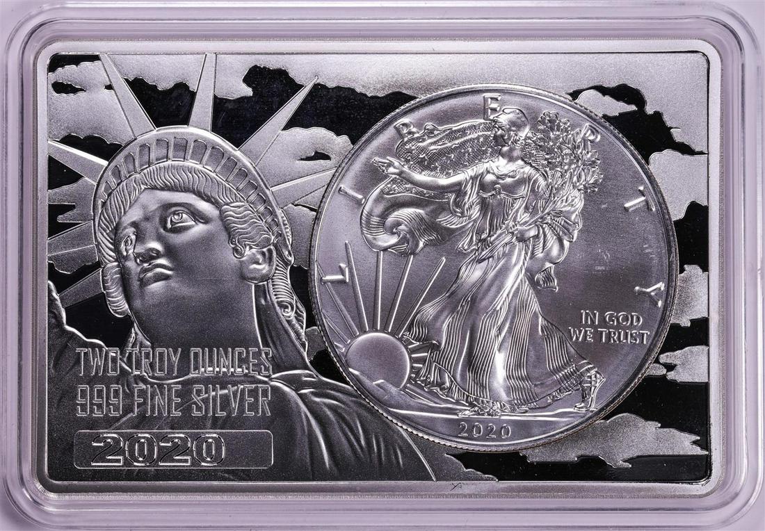 2020 Type 1 $1 American Silver Eagle Coin & 2oz Silver Bar Set: One 2020 Type 1 $1 American Silver Eagle Coin & 2oz Silver Bar Set.