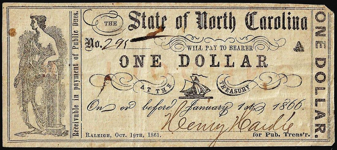 1866 $1 State of North Carolina Raleigh Obsolete Note: One 1866 $1 State of North Carolina Raliegh Obsolete Note.