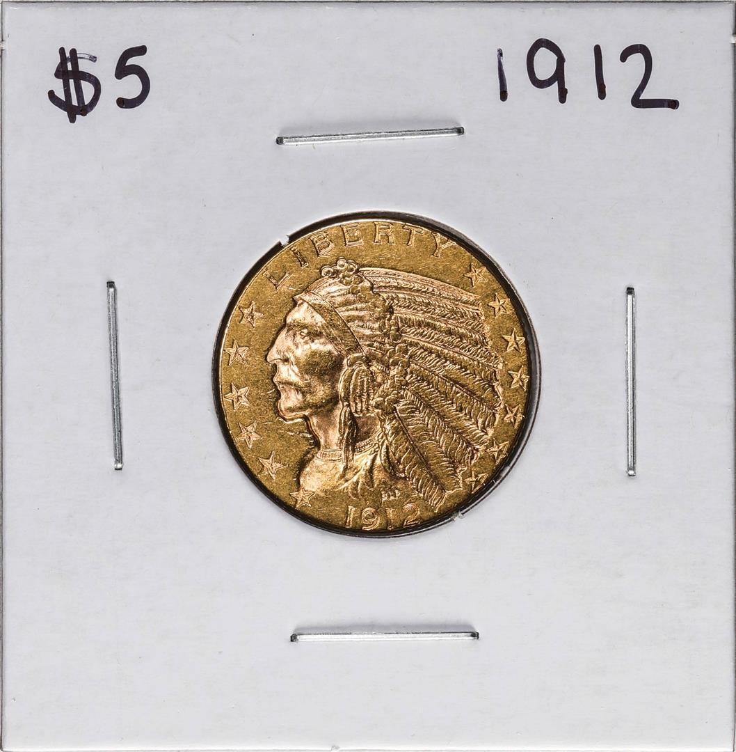 1912 $5 Indian Head Half Eagle Gold Coin: One 1912 $5 Indian Head Half Eagle Gold Coin.