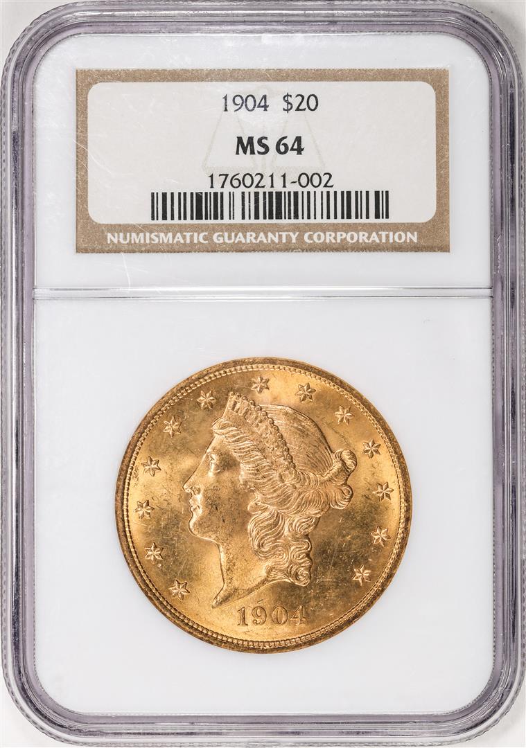 1904 $20 Liberty Head Double Eagle Gold Coin NGC MS64: One 1904 $20 Liberty Head Double Eagle Gold Coin NGC MS64. NGC Certified.