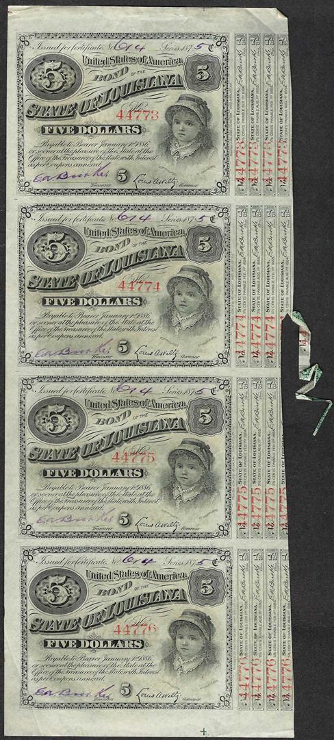 Uncut Sheet of (4) State of Louisiana Baby Bond Obsolete Notes: One Uncut Sheet of (4) State of Louisiana Baby Bond Obsolete Notes.