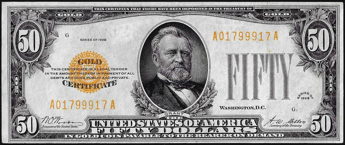 1928 $50 Gold Certificate Note: One 1928 $50 Gold Certificate Note.