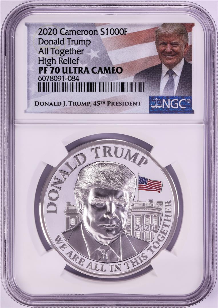 2020 Cameroon 1000 Francs High Relief Donald Trump Silver Coin NGC PF70 Ultra Cameo: One 2020 Cameroon 1000 Francs High Relief Donald Trump Silver Coin NGC PF70 Ultra Cameo.