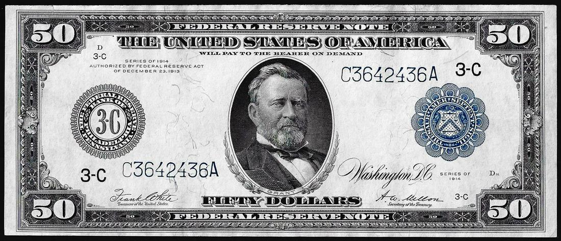 1914 $50 Federal Reserve Note Philadelphia: One 1914 $50 Federal Reserve Note Philadelphia.