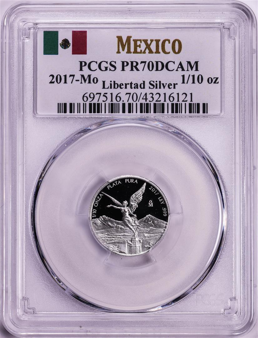 2017-Mo Mexico Proof 1/10 oz Silver Libertad Coin PCGS PR70DCAM: One 2017-Mo Mexico Proof 1/10 oz Silver Libertad Coin PCGS PR70DCAM. PCGS Graded.