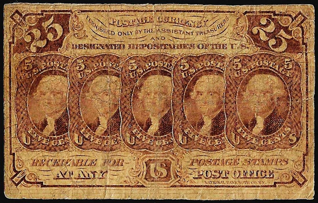 July 17, 1862 First Issue Twenty-Five Cents Fractional Currency Note: One July 17, 1862 First Issue Twenty-Five Cents Fractional Currency Note.