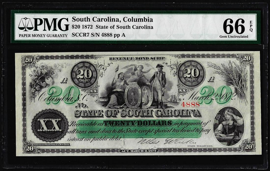 1872 $20 State of South Carolina Obsolete Note PMG Gem Uncirculated 66EPQ: One 1872 $20 State of South Carolina Obsolete Note PMG Gem Uncirculated 66EPQ. PMG Certified.