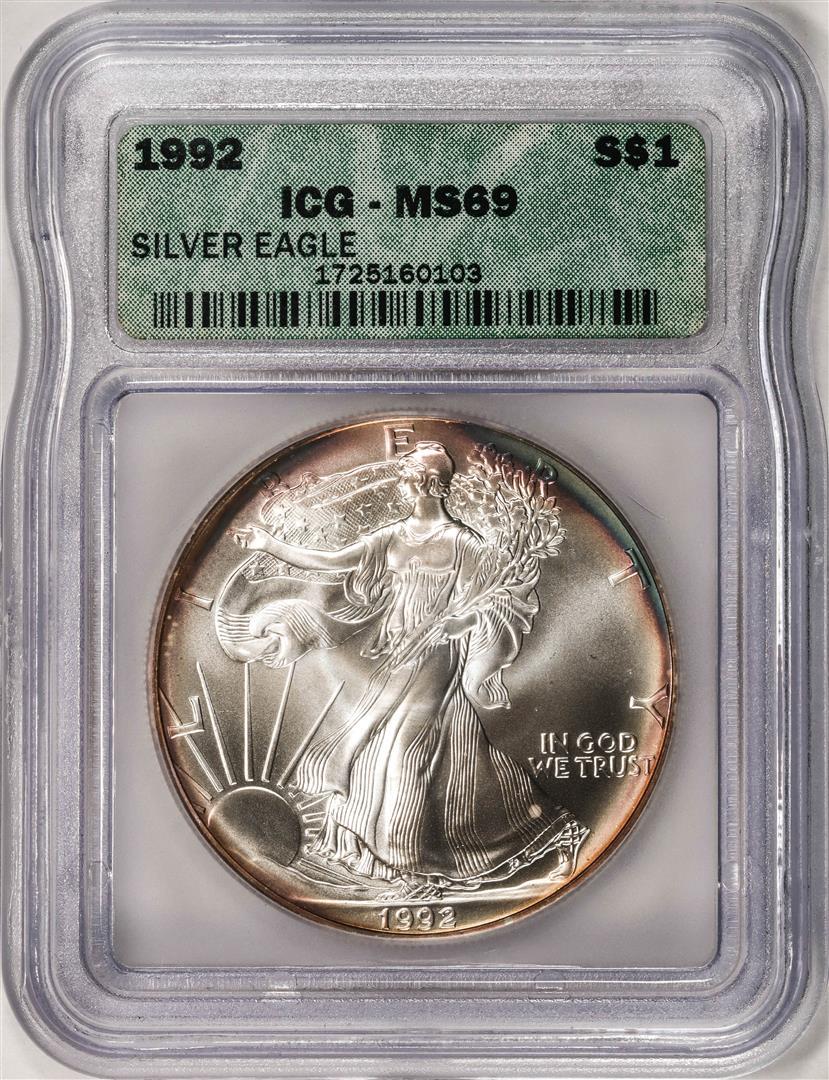 1992 American Silver Eagle Coin ICG MS69: One 1992 American Silver Eagle Coin ICG MS69. ICG Certified.