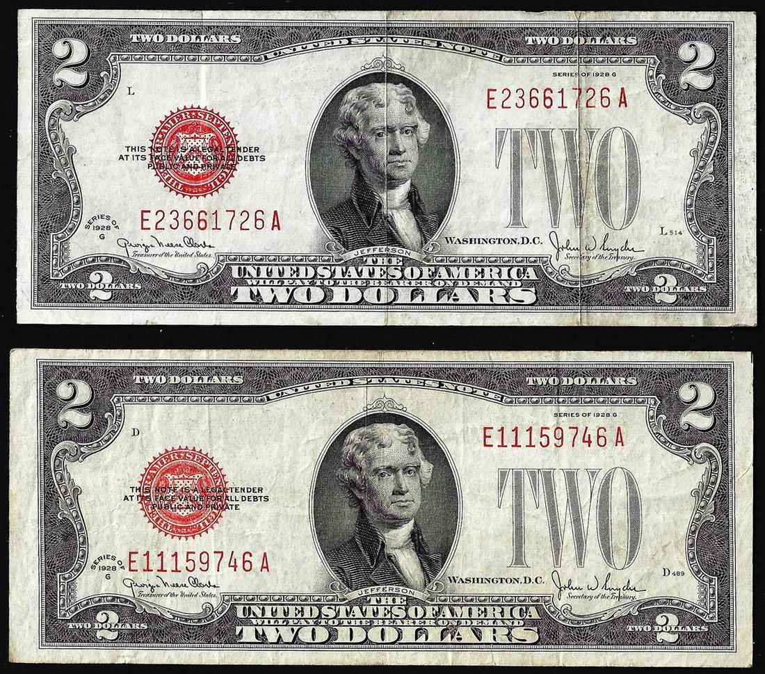 Lot of (2) 1928G $2 Legal Tender Notes: One Lot of (2) 1928G $2 Legal Tender Notes.