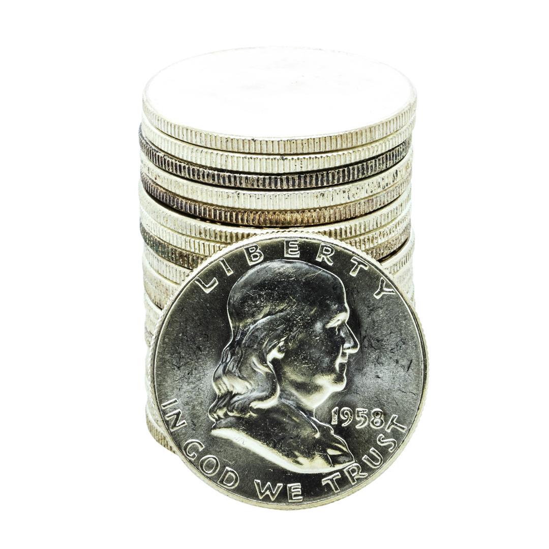 Roll of (20) Brilliant Uncirculated 1958 Franklin Half Dollar Coins: One Roll of (20) Brilliant Uncirculated 1958 Franklin Half Dollar Coins.