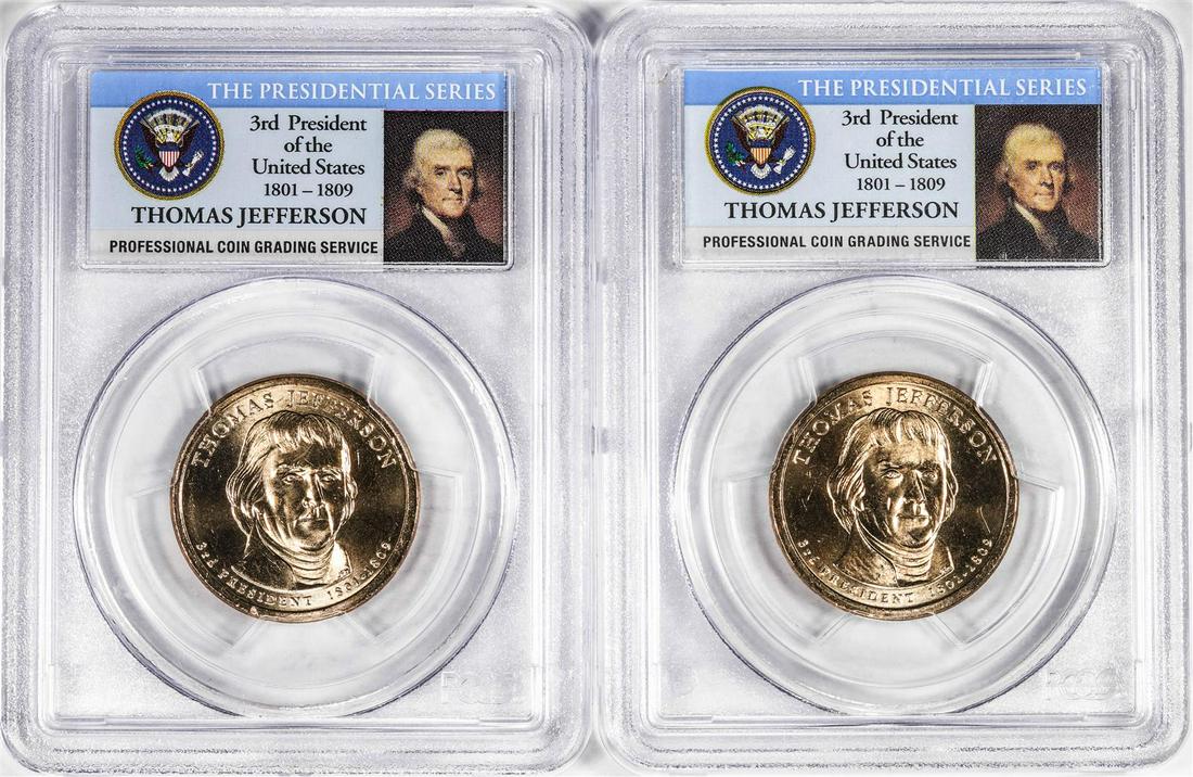 Lot of (2) 2007-P Thomas Jefferson Presidential Dollar Coins PCGS Certified: One Lot of (2) 2007-P Thomas Jefferson Presidential Dollar Coins PCGS Certified. PCGS Graded.