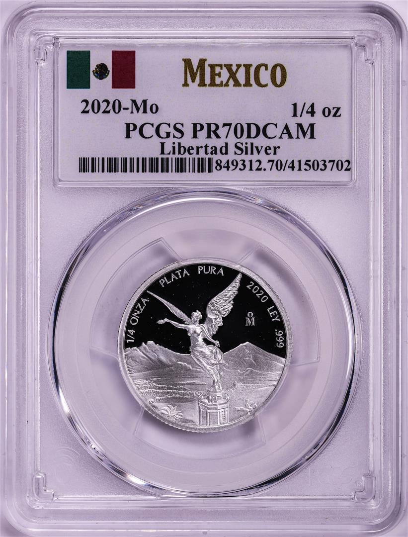 2020-Mo Mexico Proof 1/4 oz Silver Libertad Coin PCGS PR70DCAM: One 2020-Mo Mexico Proof 1/4 oz Silver Libertad Coin PCGS PR70DCAM. PCGS Graded.