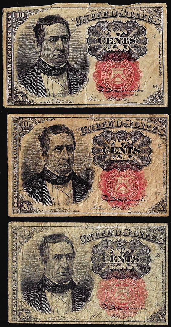 Lot of (3) 1874 10 Cent Fifth Issue Fractional Currency Note: One Lot of (3) 1874 10 Cent Fifth Issue Fractional Currency Note.