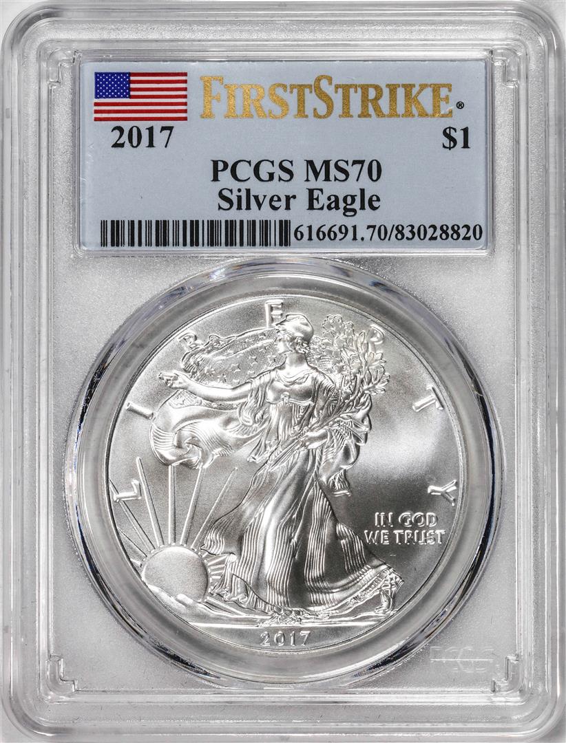 2017 $1 American Silver Eagle Coin PCGS MS70 First Strike: One 2017 $1 American Silver Eagle Coin PCGS MS70 First Strike.