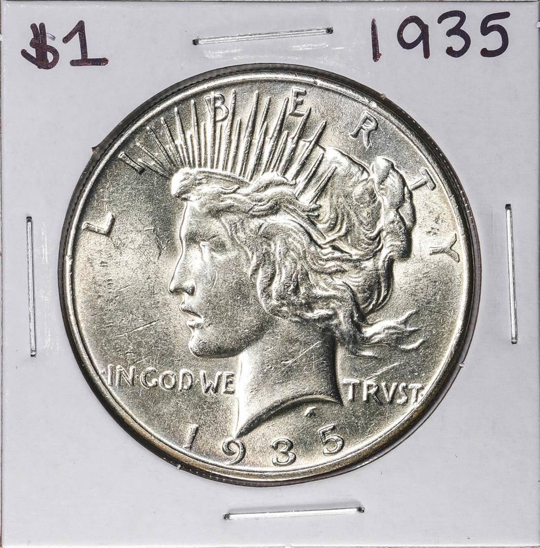 1935 $1 Peace Silver Dollar Coin: One 1935 $1 Peace Silver Dollar Coin.