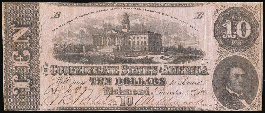 1862 $10 Confederate States of America Note: One 1862 $10 Confederate States of America Note.