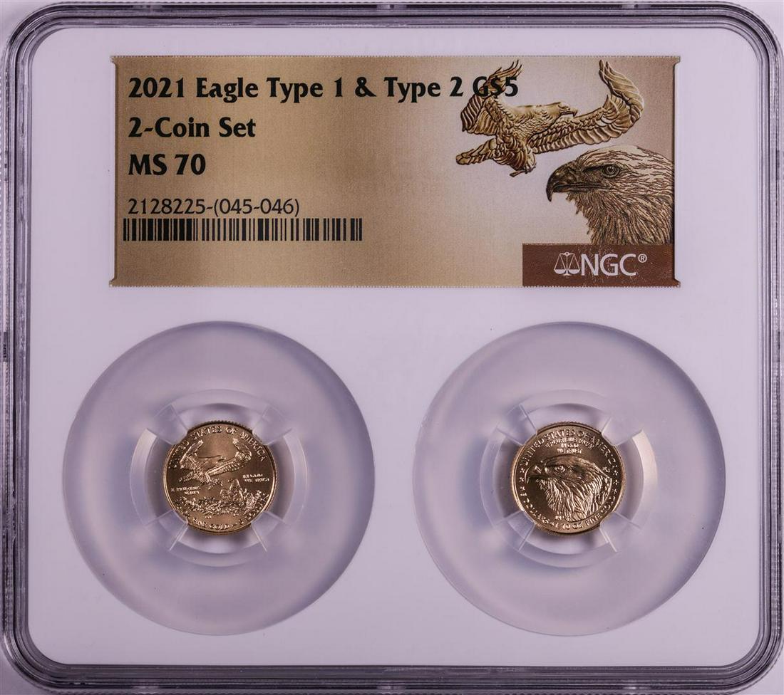 Set of 2021 Type 1 & Type 2 $5 American Gold Eagle Coins NGC MS70: One Set of 2021 Type 1 & Type 2 $5 American Gold Eagle Coins NGC MS70. NGC Certified.