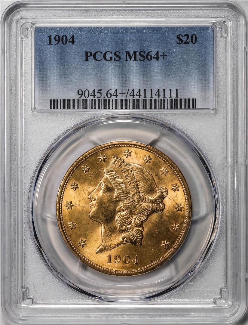 1904 $20 Liberty Head Double Eagle Gold Coin PCGS MS64+: One 1904 $20 Liberty Head Double Eagle Gold Coin PCGS MS64+.